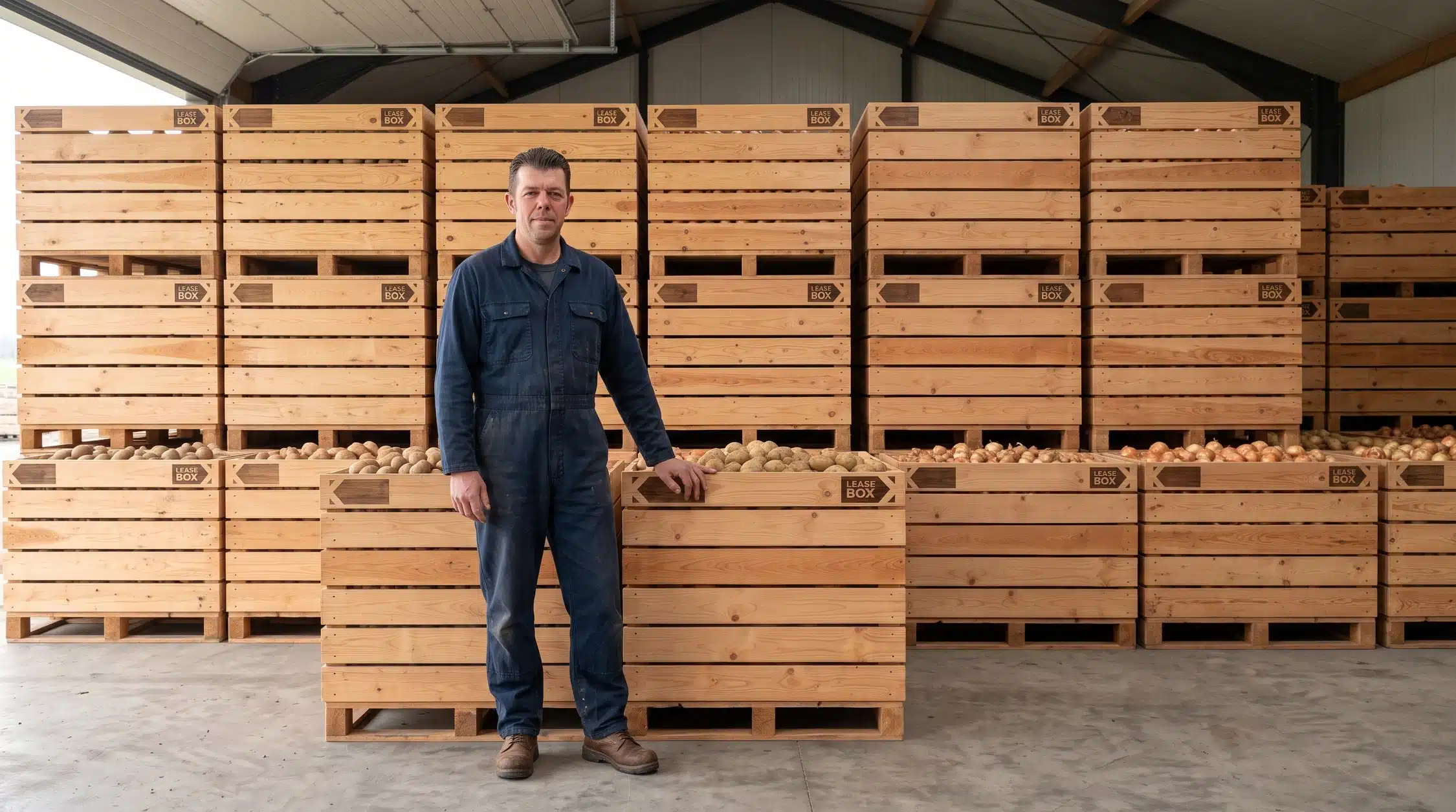 Akkerbouwer voor rijen gestapelde houten bewaarkisten met aardappelen en uien