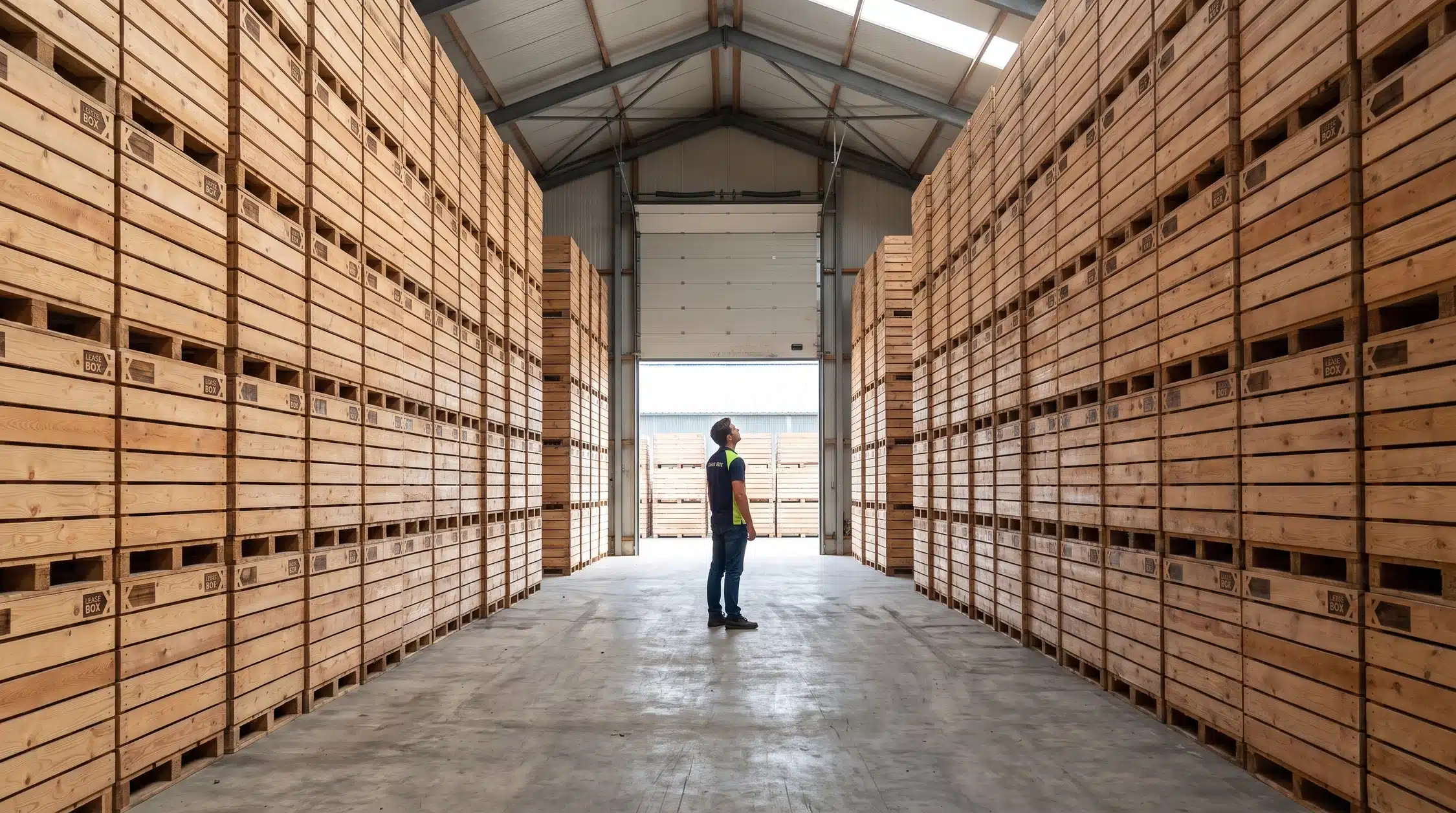 Leasebox man in opslagruimte vol met kisten van Leasebox